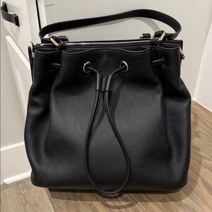 Quince Triple Compartment Drawstring Black Leather Tote Bag